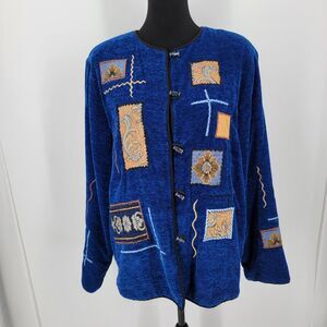 Indigo Moon Jacket Womens Size Medium Blue Abstract Patchwork Lined Chenille